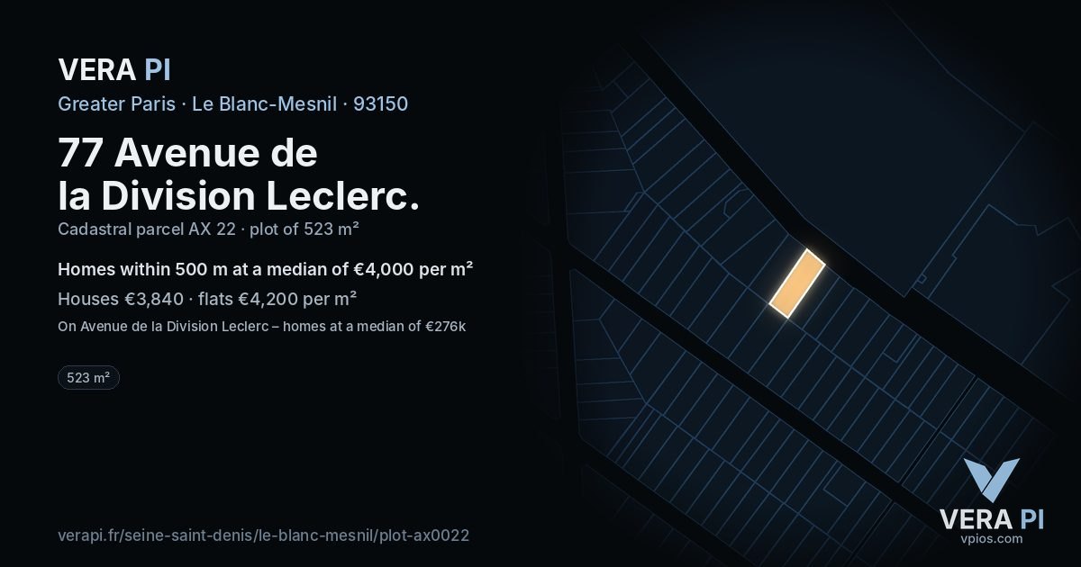 77 Avenue de la Division Leclerc, Le Blanc-Mesnil at night – the plot lit, the parcels around coloured by the prices near them