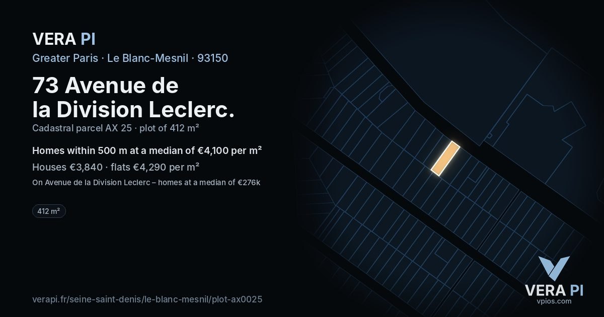 73 Avenue de la Division Leclerc, Le Blanc-Mesnil at night – the plot lit, the parcels around coloured by the prices near them