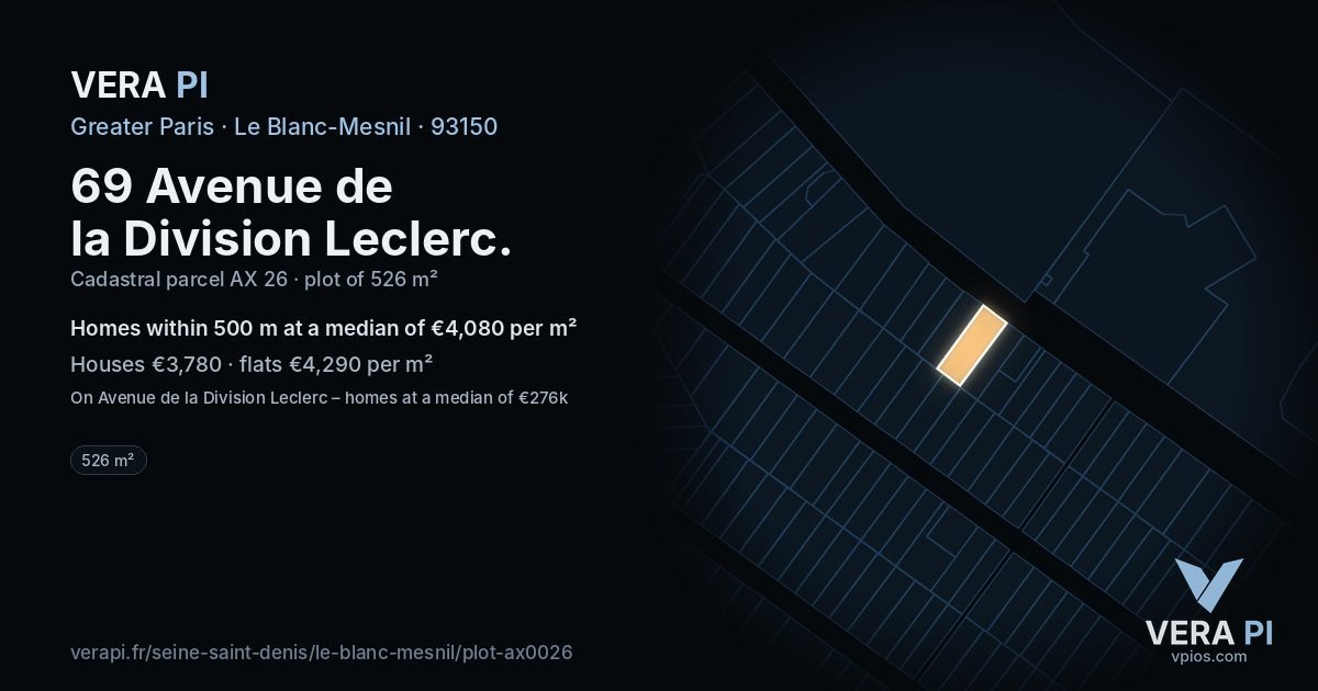 69 Avenue de la Division Leclerc, Le Blanc-Mesnil at night – the plot lit, the parcels around coloured by the prices near them