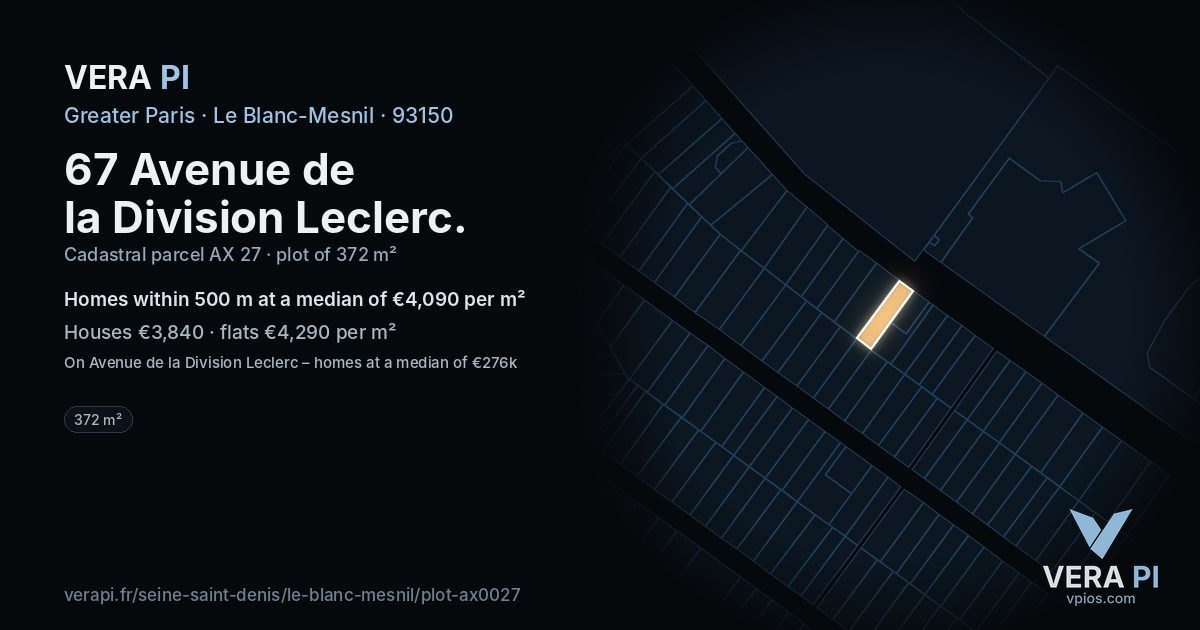 67 Avenue de la Division Leclerc, Le Blanc-Mesnil at night – the plot lit, the parcels around coloured by the prices near them