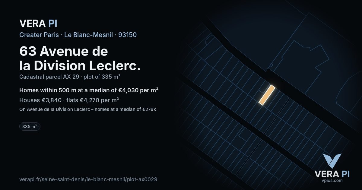 63 Avenue de la Division Leclerc, Le Blanc-Mesnil at night – the plot lit, the parcels around coloured by the prices near them