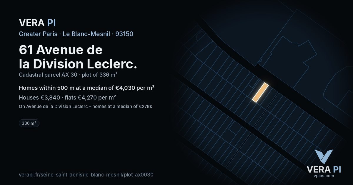 61 Avenue de la Division Leclerc, Le Blanc-Mesnil at night – the plot lit, the parcels around coloured by the prices near them