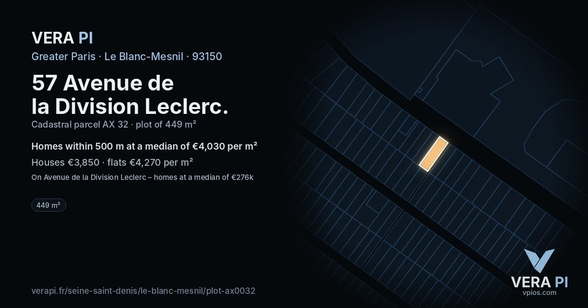 57 Avenue de la Division Leclerc, Le Blanc-Mesnil at night – the plot lit, the parcels around coloured by the prices near them