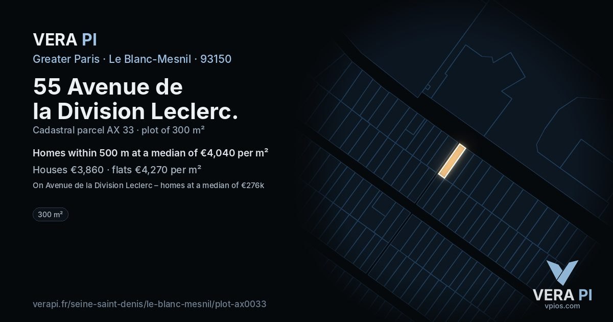 55 Avenue de la Division Leclerc, Le Blanc-Mesnil at night – the plot lit, the parcels around coloured by the prices near them