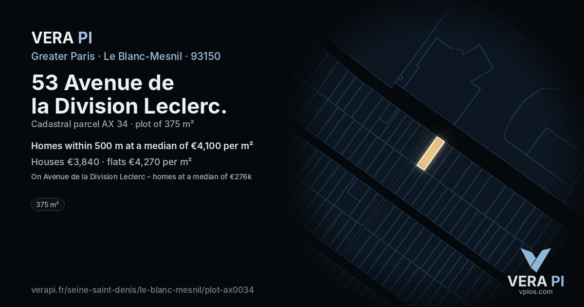 53 Avenue de la Division Leclerc, Le Blanc-Mesnil at night – the plot lit, the parcels around coloured by the prices near them