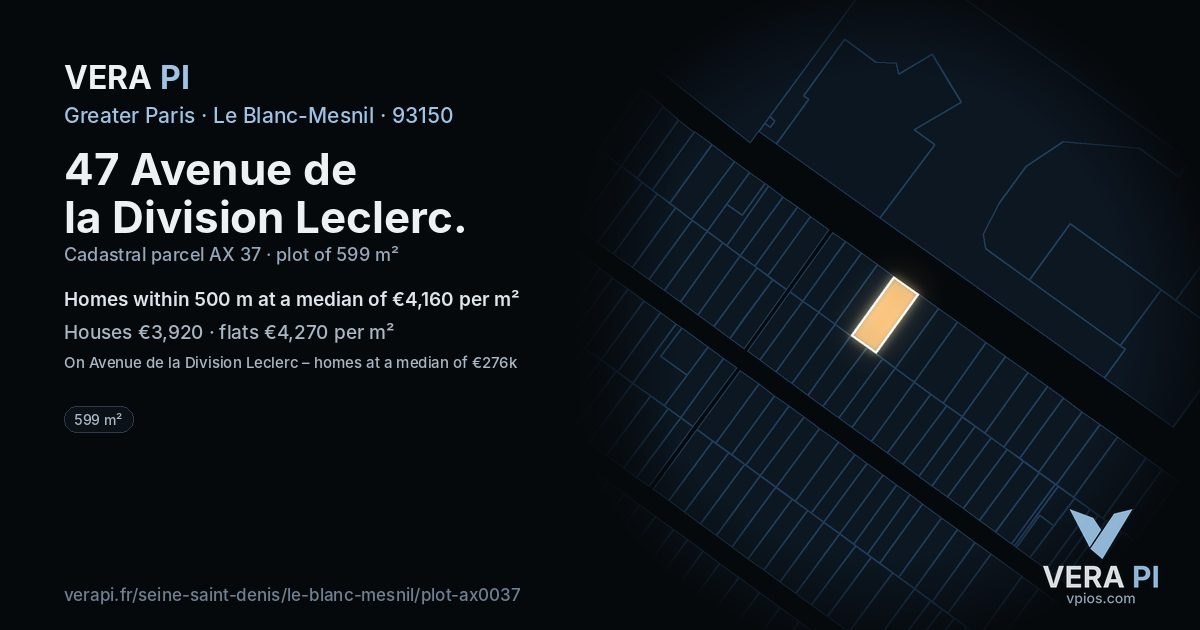 47 Avenue de la Division Leclerc, Le Blanc-Mesnil at night – the plot lit, the parcels around coloured by the prices near them