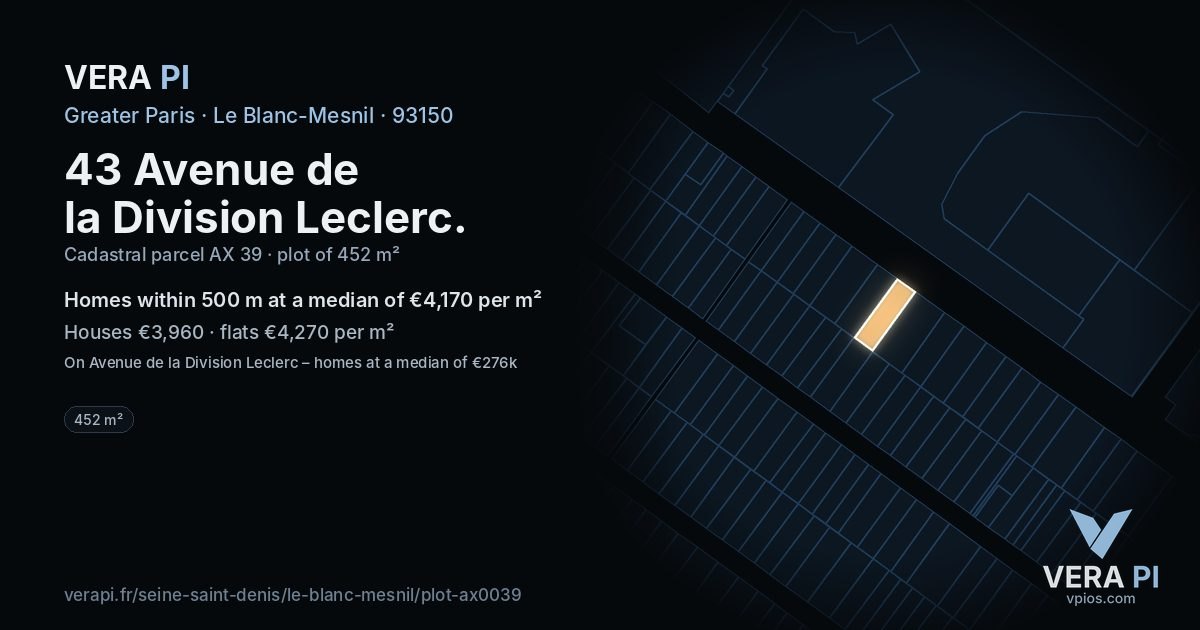 43 Avenue de la Division Leclerc, Le Blanc-Mesnil at night – the plot lit, the parcels around coloured by the prices near them