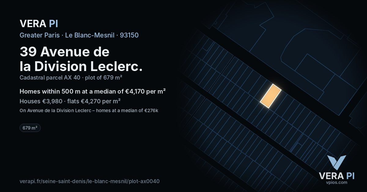 39 Avenue de la Division Leclerc, Le Blanc-Mesnil at night – the plot lit, the parcels around coloured by the prices near them