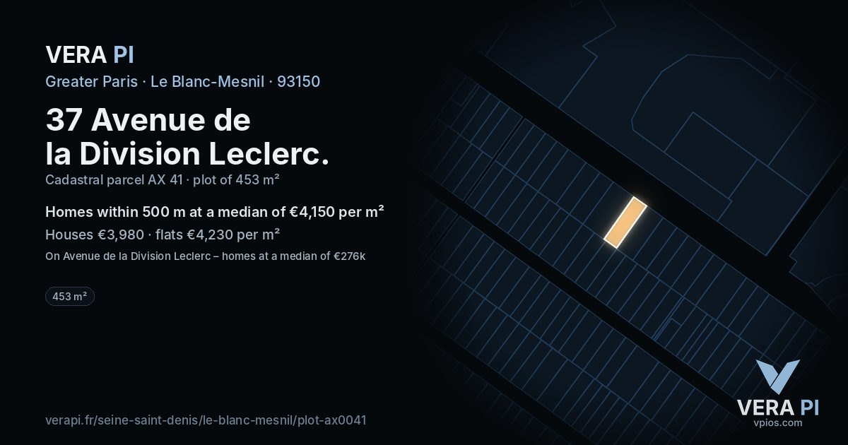 37 Avenue de la Division Leclerc, Le Blanc-Mesnil at night – the plot lit, the parcels around coloured by the prices near them
