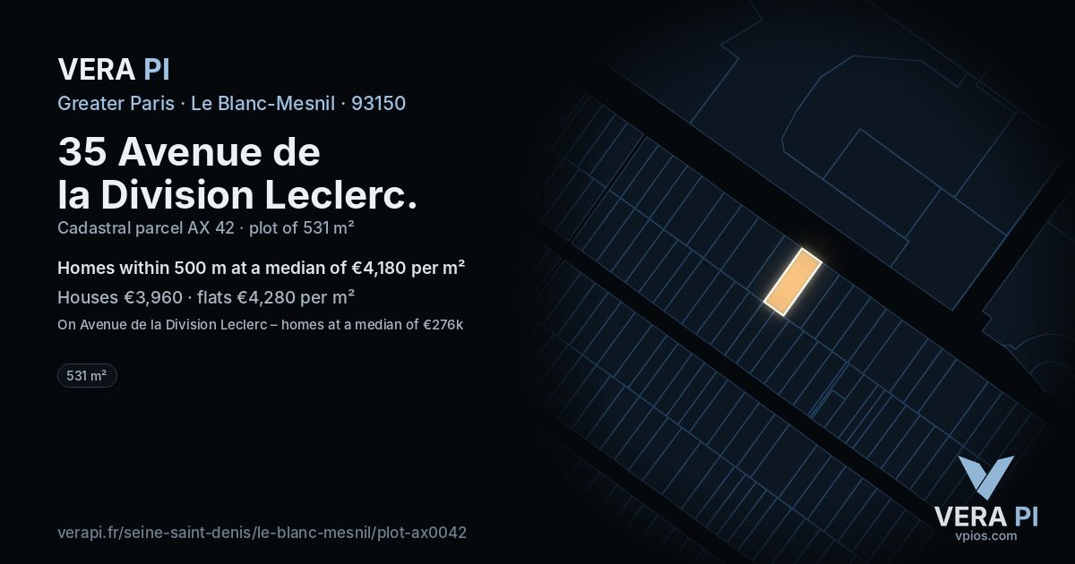 35 Avenue de la Division Leclerc, Le Blanc-Mesnil at night – the plot lit, the parcels around coloured by the prices near them