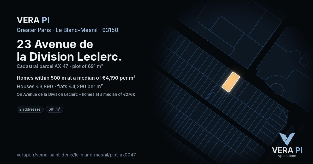 23 Avenue de la Division Leclerc, Le Blanc-Mesnil at night – the plot lit, the parcels around coloured by the prices near them