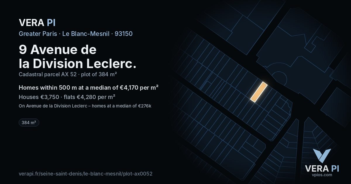 9 Avenue de la Division Leclerc, Le Blanc-Mesnil at night – the plot lit, the parcels around coloured by the prices near them
