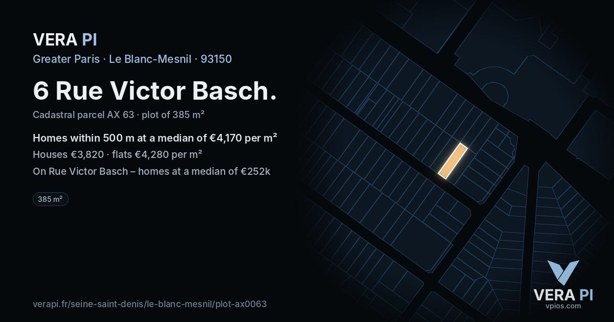 6 Rue Victor Basch, Le Blanc-Mesnil at night – the plot lit, the parcels around coloured by the prices near them
