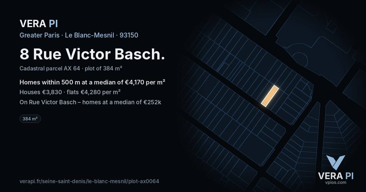 8 Rue Victor Basch, Le Blanc-Mesnil at night – the plot lit, the parcels around coloured by the prices near them