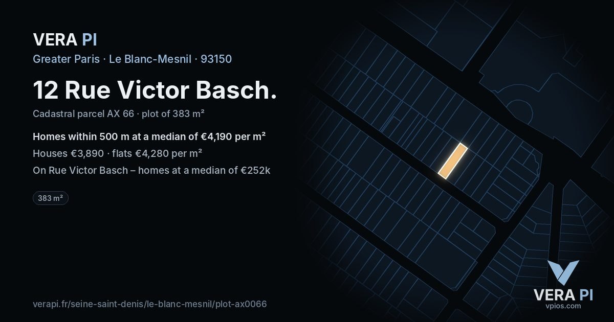 12 Rue Victor Basch, Le Blanc-Mesnil at night – the plot lit, the parcels around coloured by the prices near them