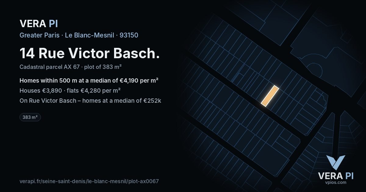 14 Rue Victor Basch, Le Blanc-Mesnil at night – the plot lit, the parcels around coloured by the prices near them