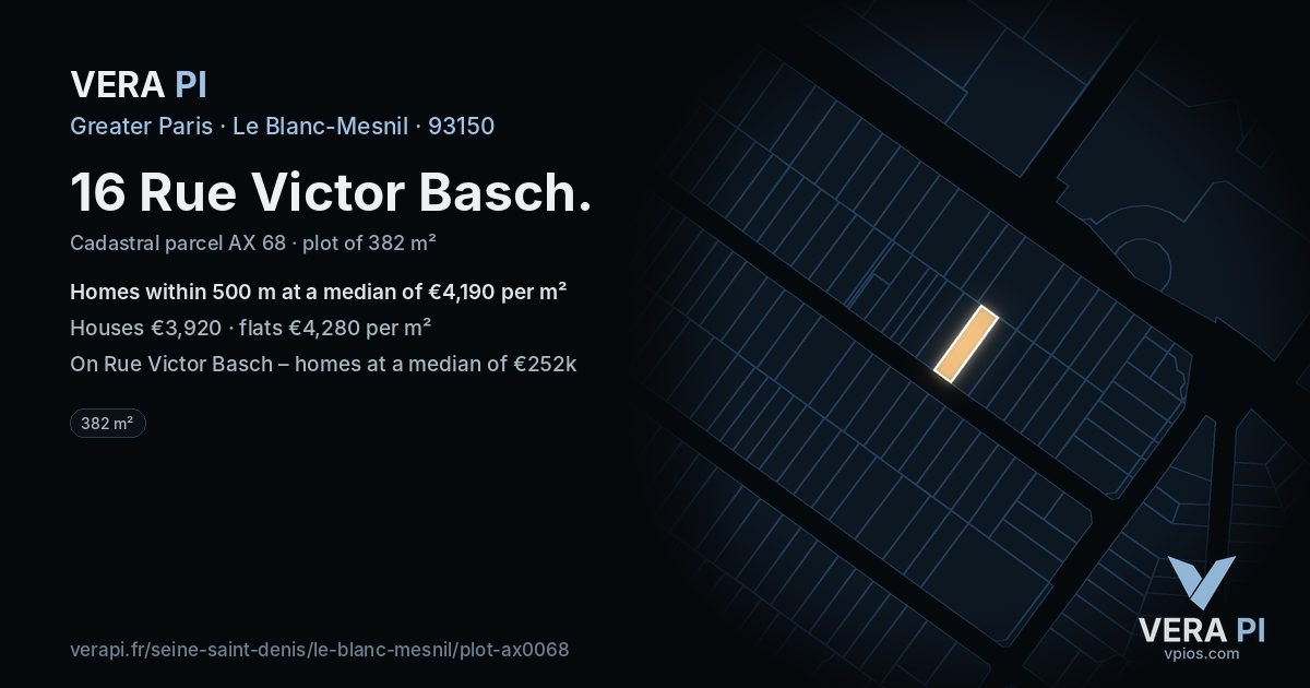 16 Rue Victor Basch, Le Blanc-Mesnil at night – the plot lit, the parcels around coloured by the prices near them
