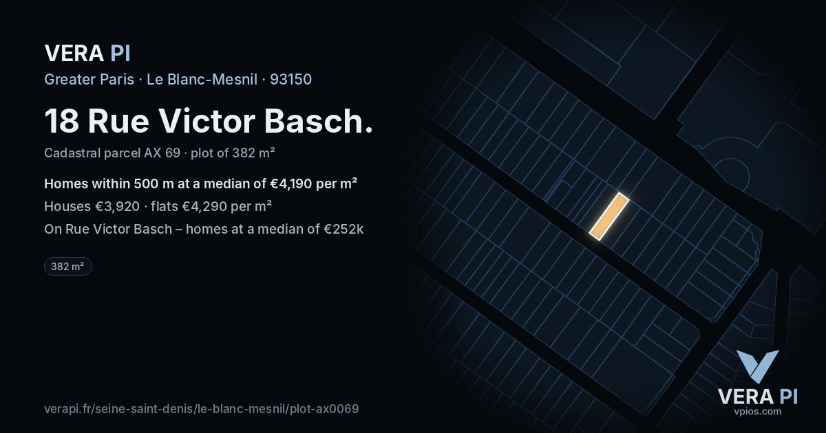 18 Rue Victor Basch, Le Blanc-Mesnil at night – the plot lit, the parcels around coloured by the prices near them