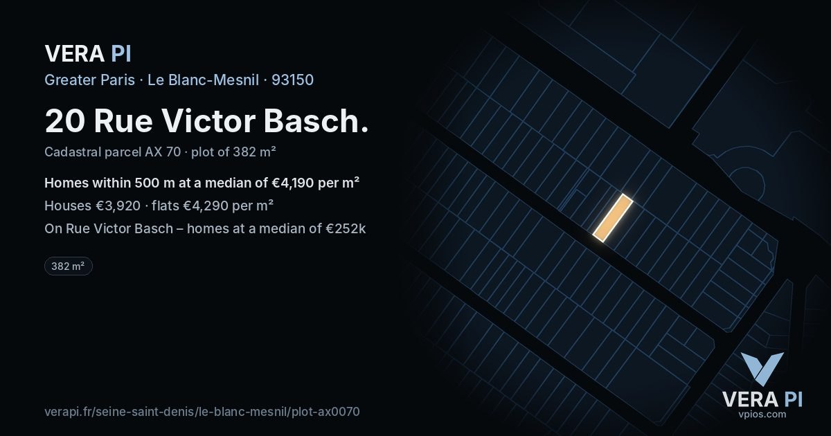 20 Rue Victor Basch, Le Blanc-Mesnil at night – the plot lit, the parcels around coloured by the prices near them