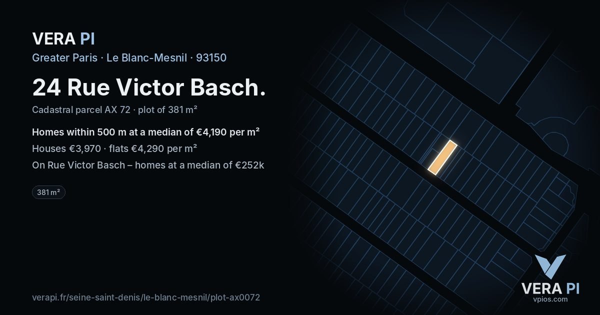 24 Rue Victor Basch, Le Blanc-Mesnil at night – the plot lit, the parcels around coloured by the prices near them