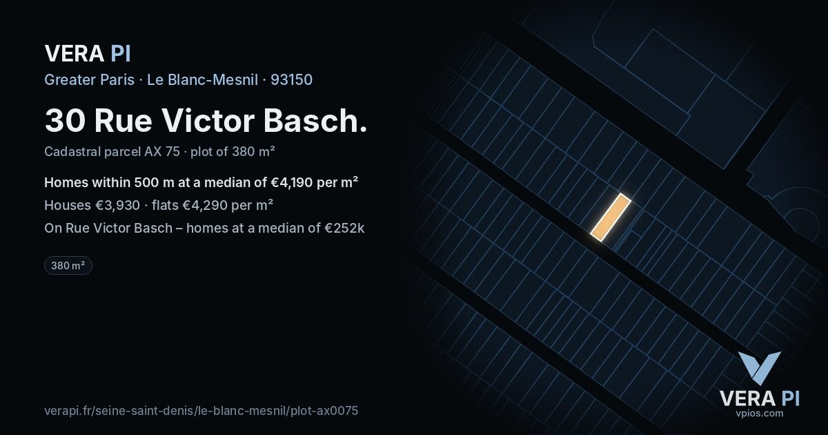30 Rue Victor Basch, Le Blanc-Mesnil at night – the plot lit, the parcels around coloured by the prices near them