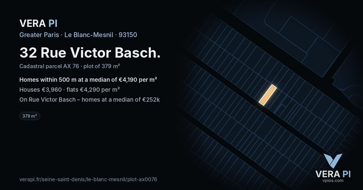 32 Rue Victor Basch, Le Blanc-Mesnil at night – the plot lit, the parcels around coloured by the prices near them