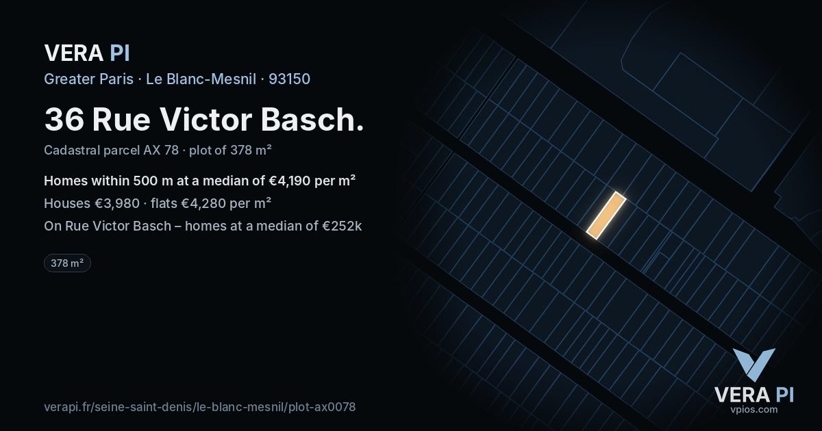 36 Rue Victor Basch, Le Blanc-Mesnil at night – the plot lit, the parcels around coloured by the prices near them