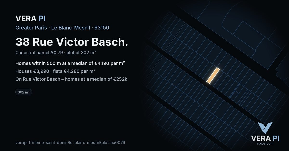 38 Rue Victor Basch, Le Blanc-Mesnil at night – the plot lit, the parcels around coloured by the prices near them
