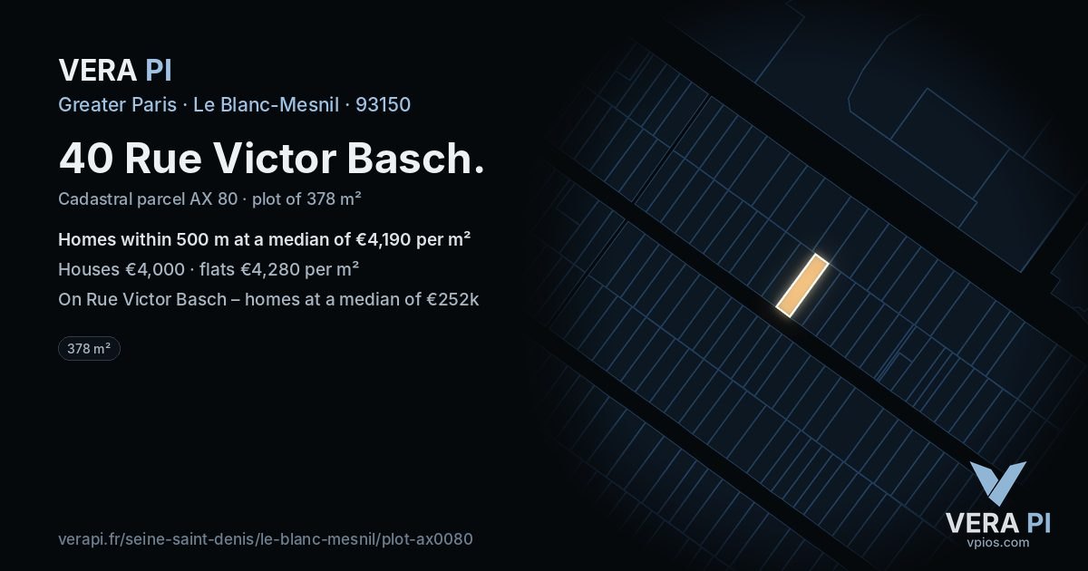 40 Rue Victor Basch, Le Blanc-Mesnil at night – the plot lit, the parcels around coloured by the prices near them