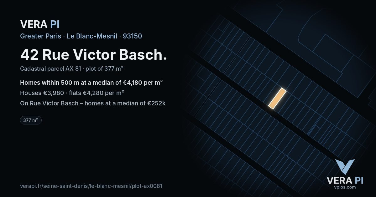 42 Rue Victor Basch, Le Blanc-Mesnil at night – the plot lit, the parcels around coloured by the prices near them