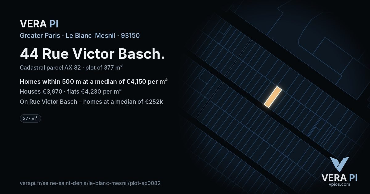 44 Rue Victor Basch, Le Blanc-Mesnil at night – the plot lit, the parcels around coloured by the prices near them