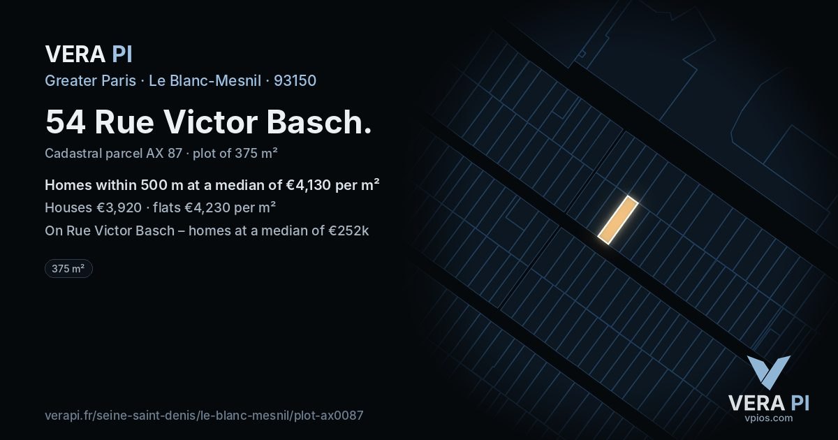 54 Rue Victor Basch, Le Blanc-Mesnil at night – the plot lit, the parcels around coloured by the prices near them