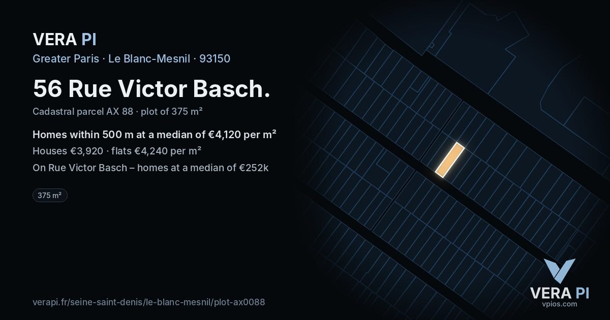 56 Rue Victor Basch, Le Blanc-Mesnil at night – the plot lit, the parcels around coloured by the prices near them