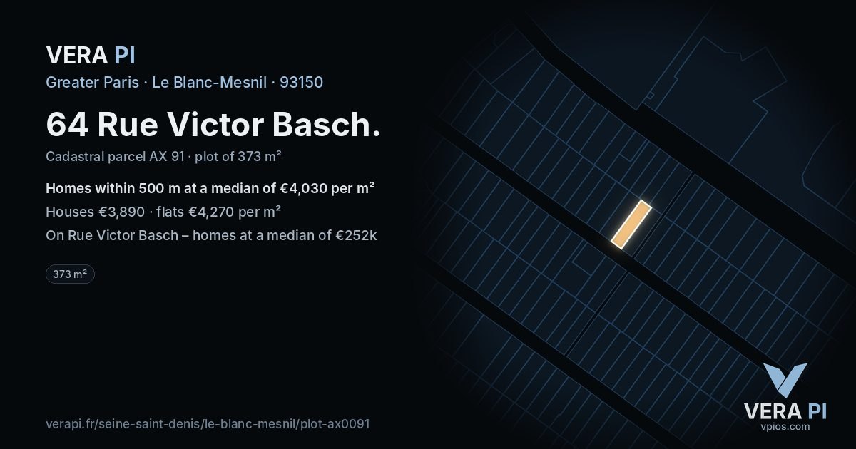 64 Rue Victor Basch, Le Blanc-Mesnil at night – the plot lit, the parcels around coloured by the prices near them