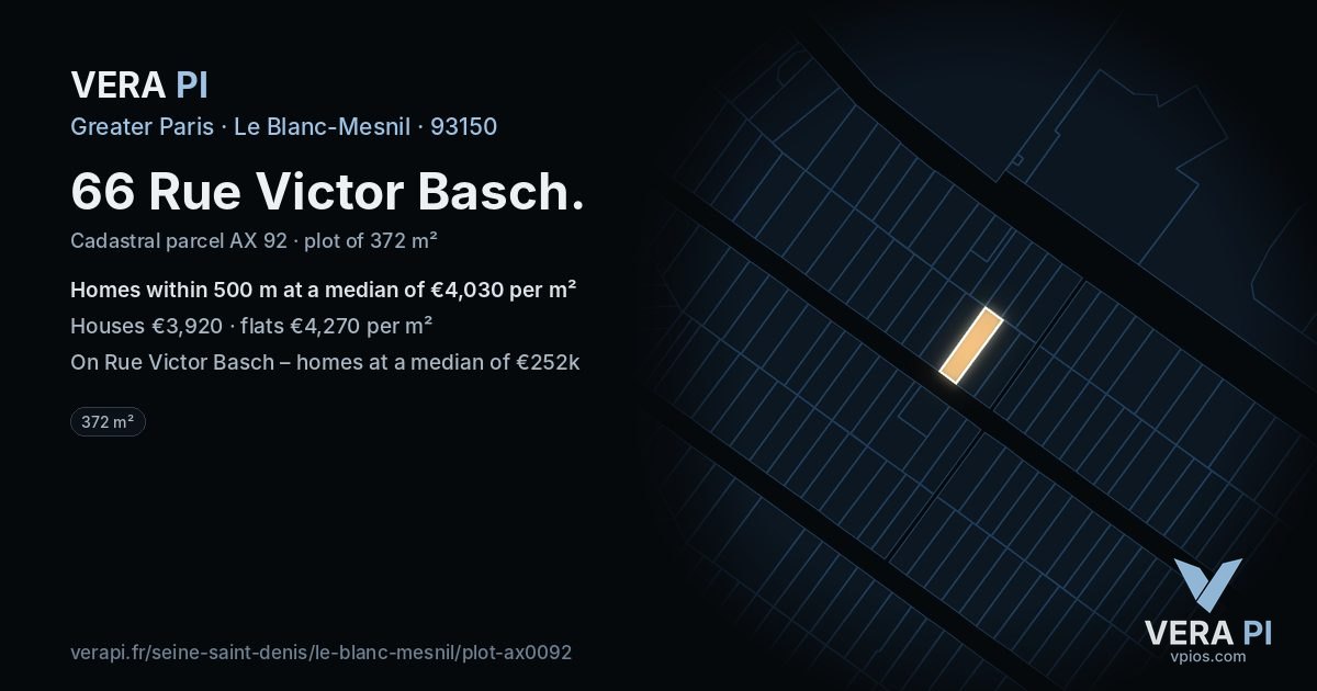 66 Rue Victor Basch, Le Blanc-Mesnil at night – the plot lit, the parcels around coloured by the prices near them
