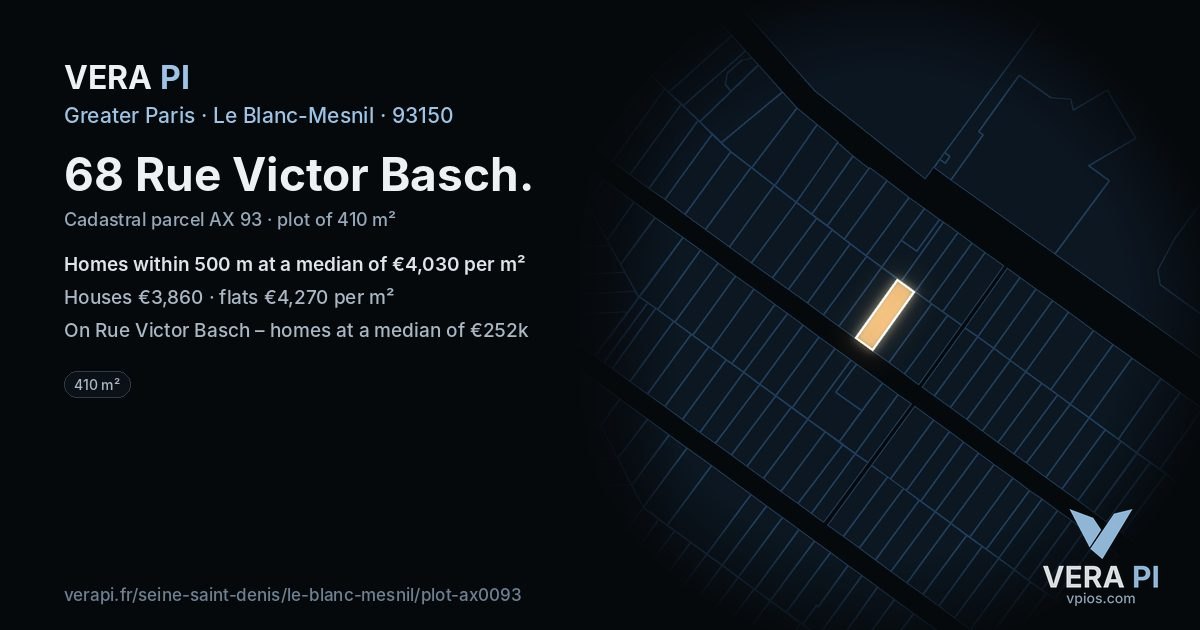 68 Rue Victor Basch, Le Blanc-Mesnil at night – the plot lit, the parcels around coloured by the prices near them