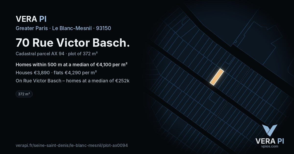 70 Rue Victor Basch, Le Blanc-Mesnil at night – the plot lit, the parcels around coloured by the prices near them