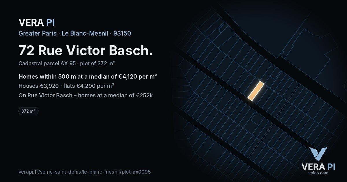 72 Rue Victor Basch, Le Blanc-Mesnil at night – the plot lit, the parcels around coloured by the prices near them