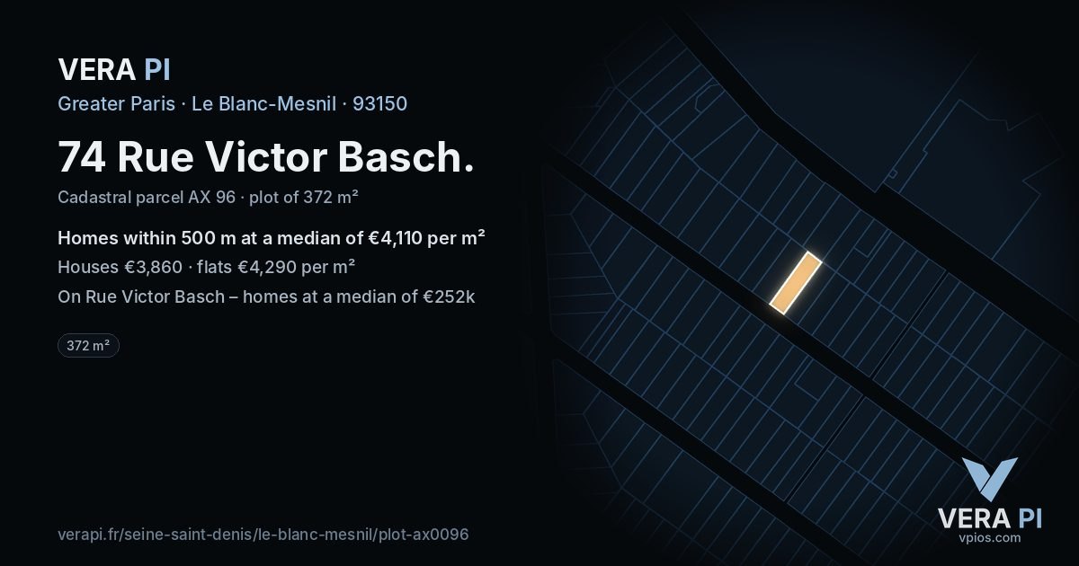 74 Rue Victor Basch, Le Blanc-Mesnil at night – the plot lit, the parcels around coloured by the prices near them