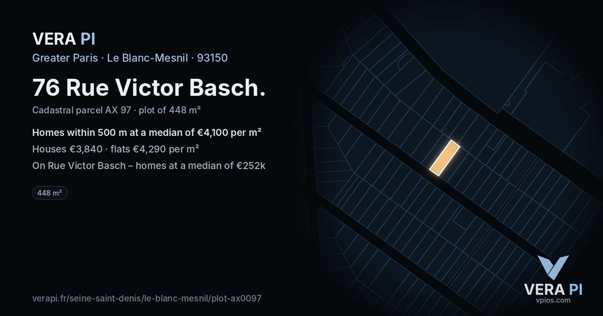 76 Rue Victor Basch, Le Blanc-Mesnil at night – the plot lit, the parcels around coloured by the prices near them
