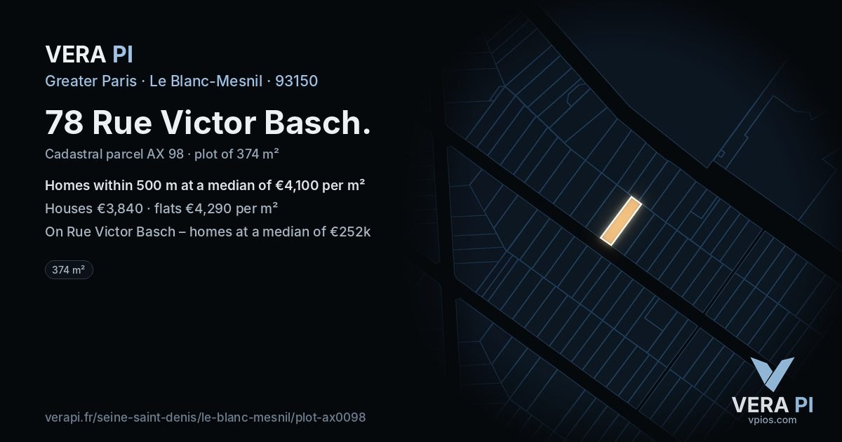 78 Rue Victor Basch, Le Blanc-Mesnil at night – the plot lit, the parcels around coloured by the prices near them