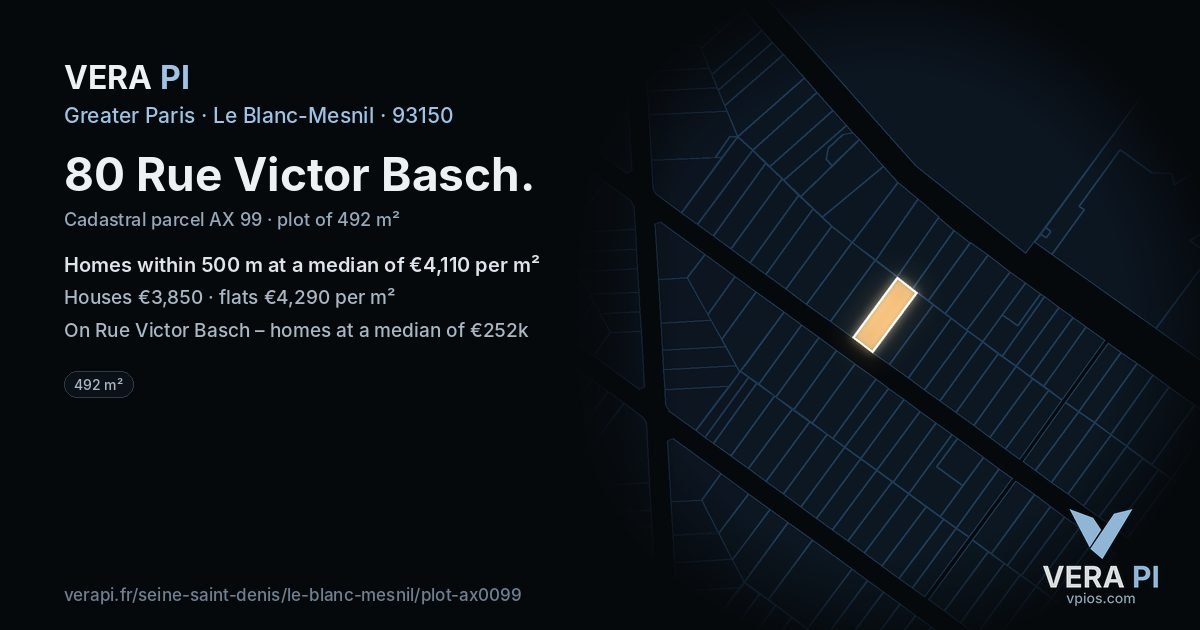 80 Rue Victor Basch, Le Blanc-Mesnil at night – the plot lit, the parcels around coloured by the prices near them