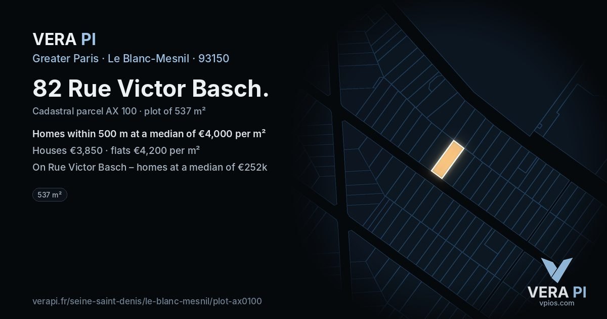 82 Rue Victor Basch, Le Blanc-Mesnil at night – the plot lit, the parcels around coloured by the prices near them