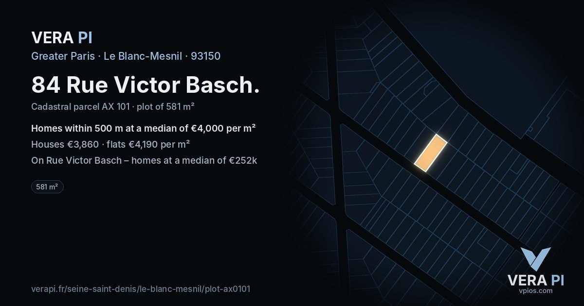 84 Rue Victor Basch, Le Blanc-Mesnil at night – the plot lit, the parcels around coloured by the prices near them