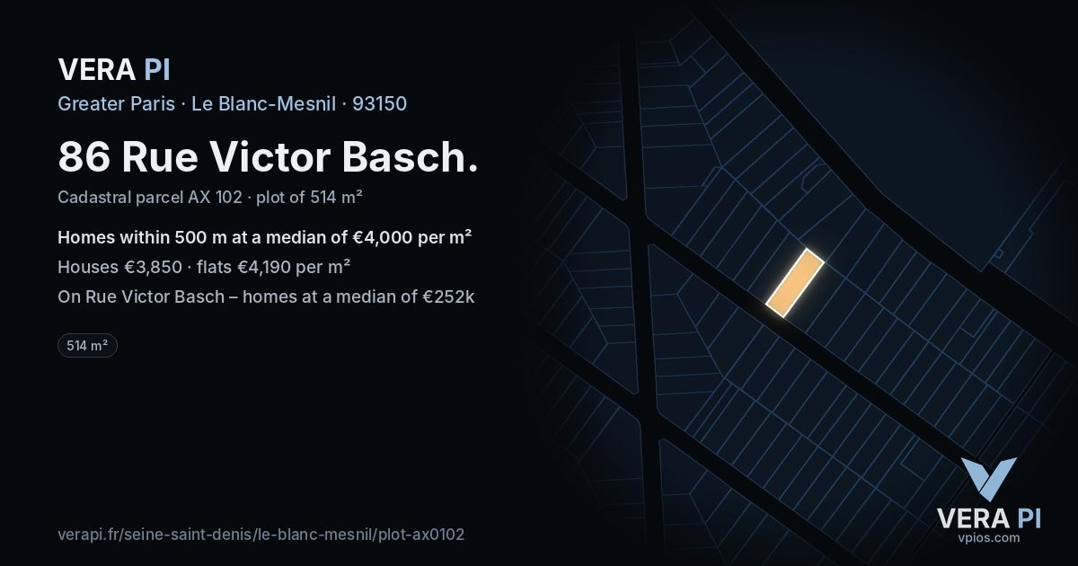 86 Rue Victor Basch, Le Blanc-Mesnil at night – the plot lit, the parcels around coloured by the prices near them