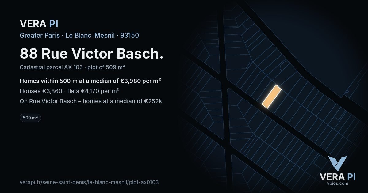 88 Rue Victor Basch, Le Blanc-Mesnil at night – the plot lit, the parcels around coloured by the prices near them