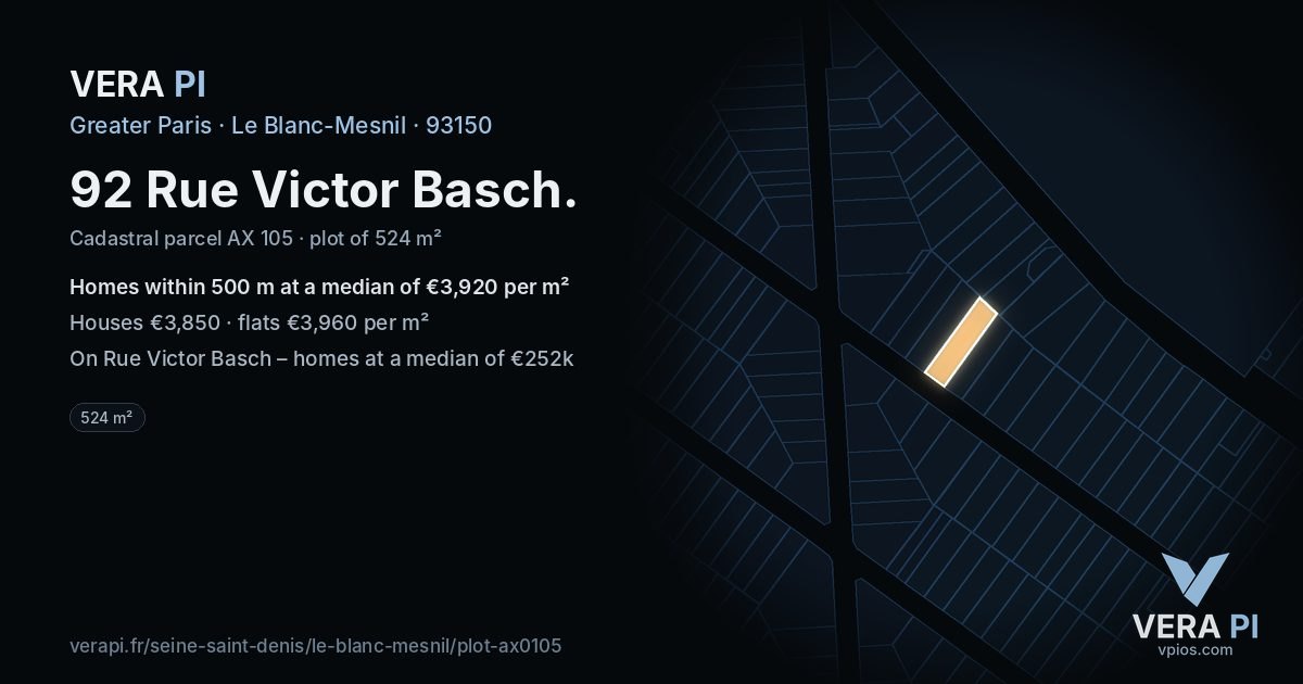 92 Rue Victor Basch, Le Blanc-Mesnil at night – the plot lit, the parcels around coloured by the prices near them