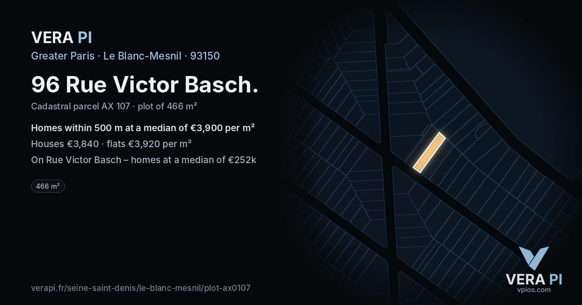 96 Rue Victor Basch, Le Blanc-Mesnil at night – the plot lit, the parcels around coloured by the prices near them
