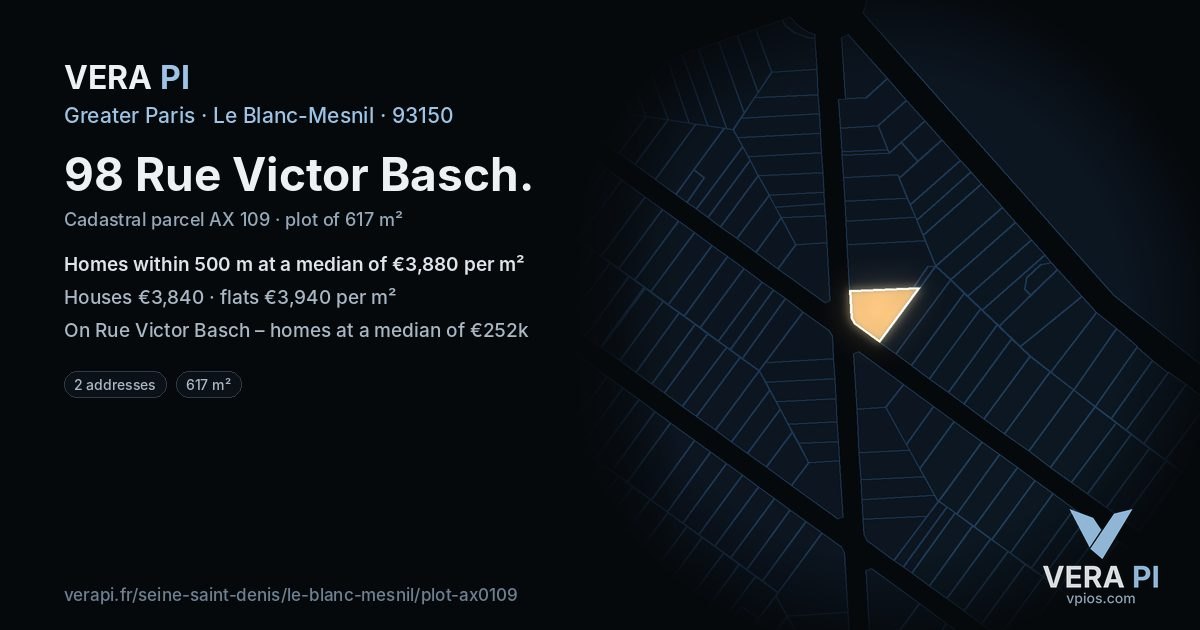 98 Rue Victor Basch, Le Blanc-Mesnil at night – the plot lit, the parcels around coloured by the prices near them