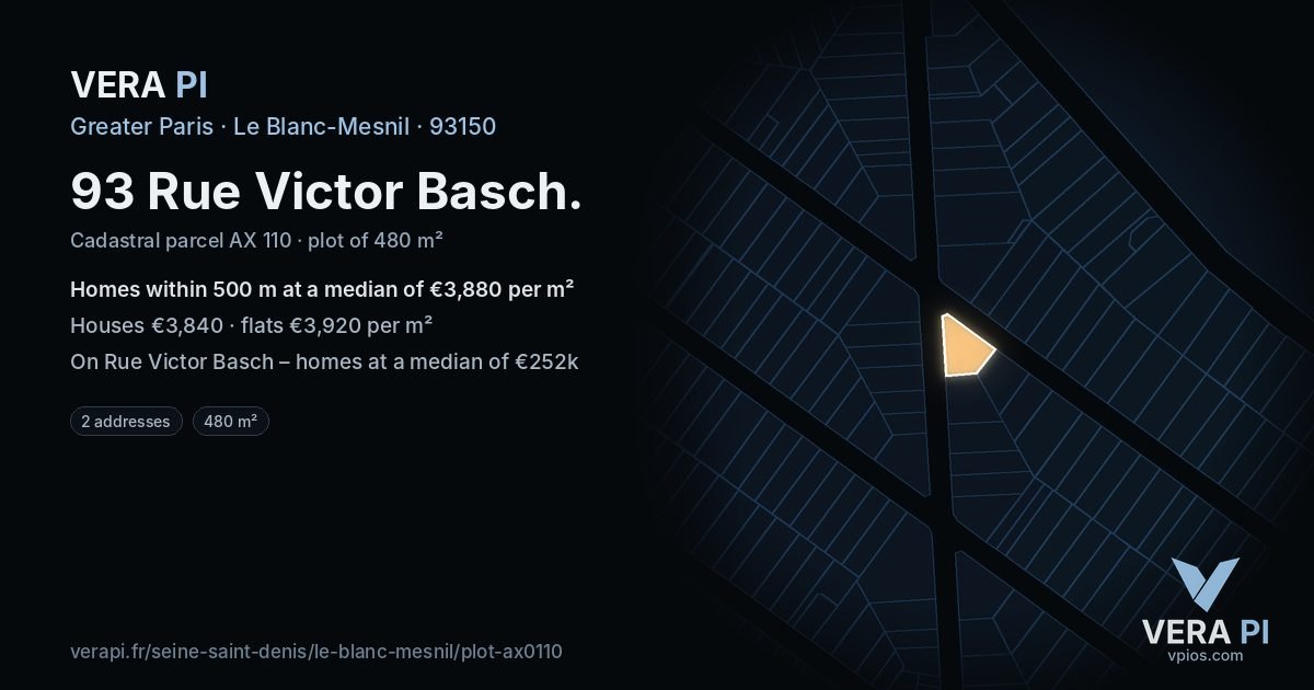 93 Rue Victor Basch, Le Blanc-Mesnil at night – the plot lit, the parcels around coloured by the prices near them